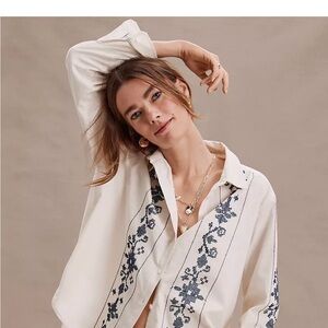 LOFT Cream Button-Down Shirt with Navy Embroidery